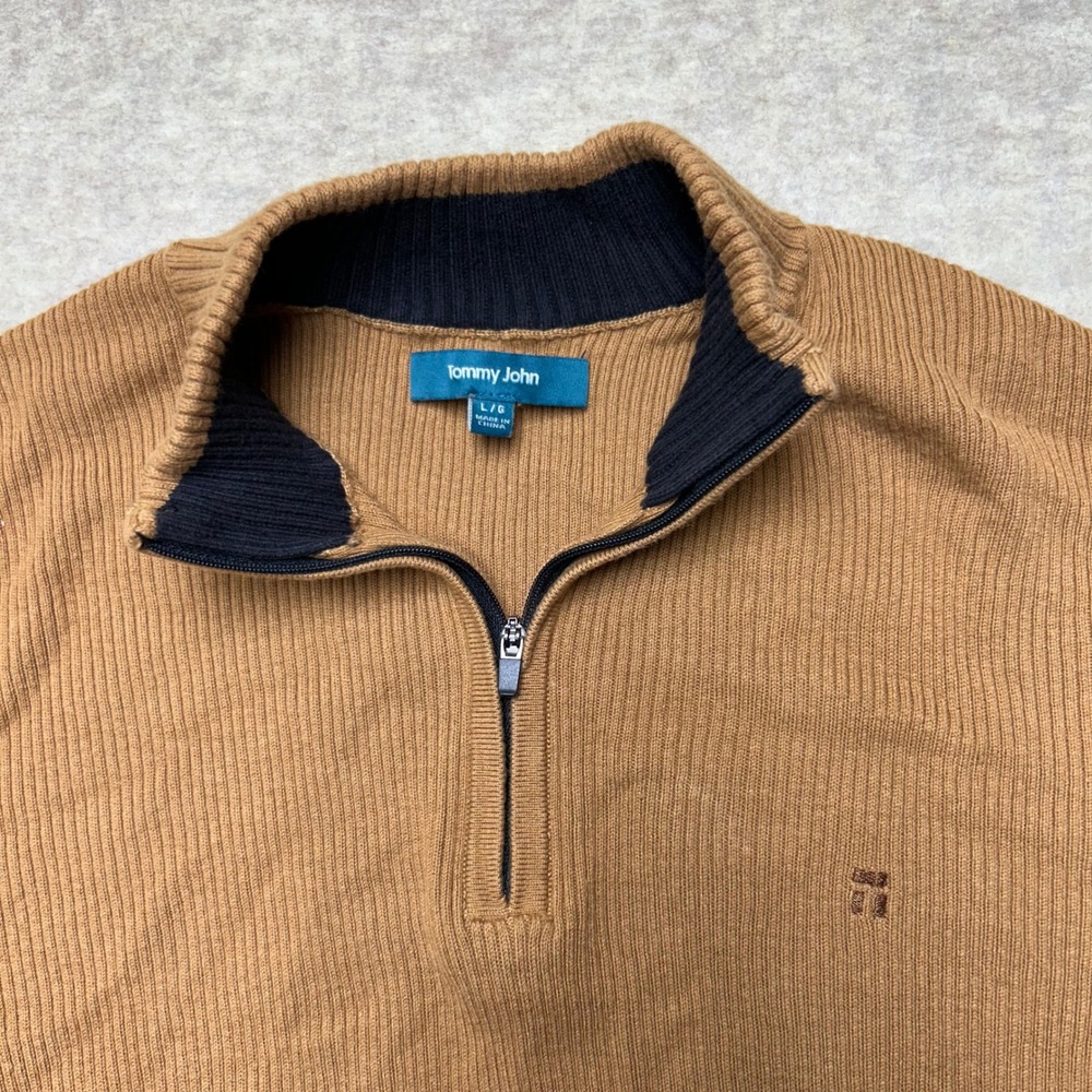 Tommy John Mens L/G Brown 1/4 Zip Mock Neck Long Sleeve Sweater Knit Pullover‎